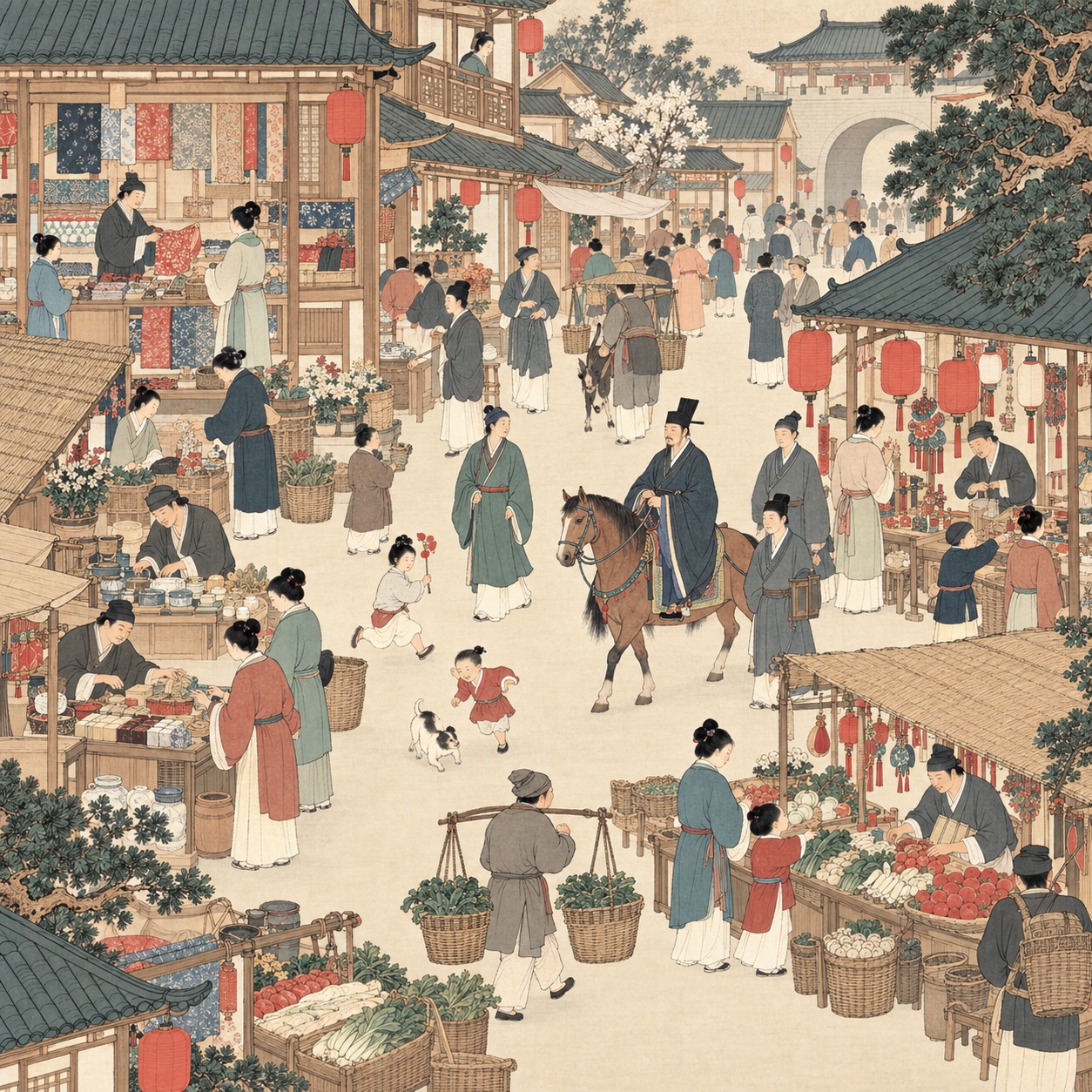 古代街市里商贩、行人与孩童穿行，呈现古人的日常世界