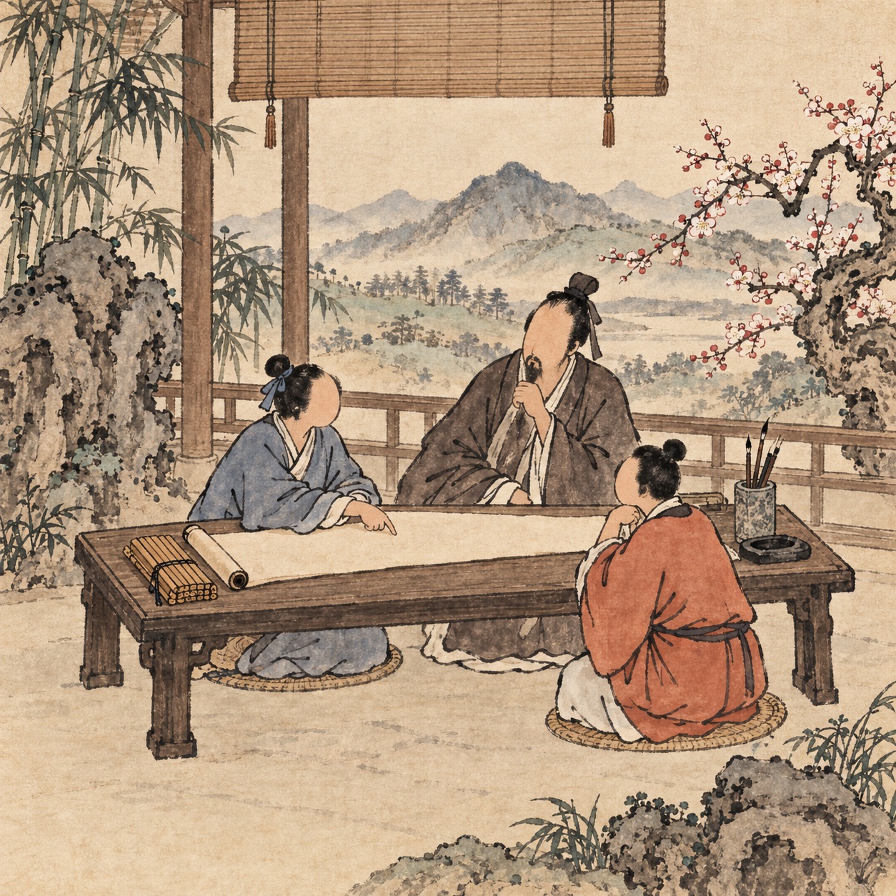 古代书院中老师与学生围着卷轴讨论句意