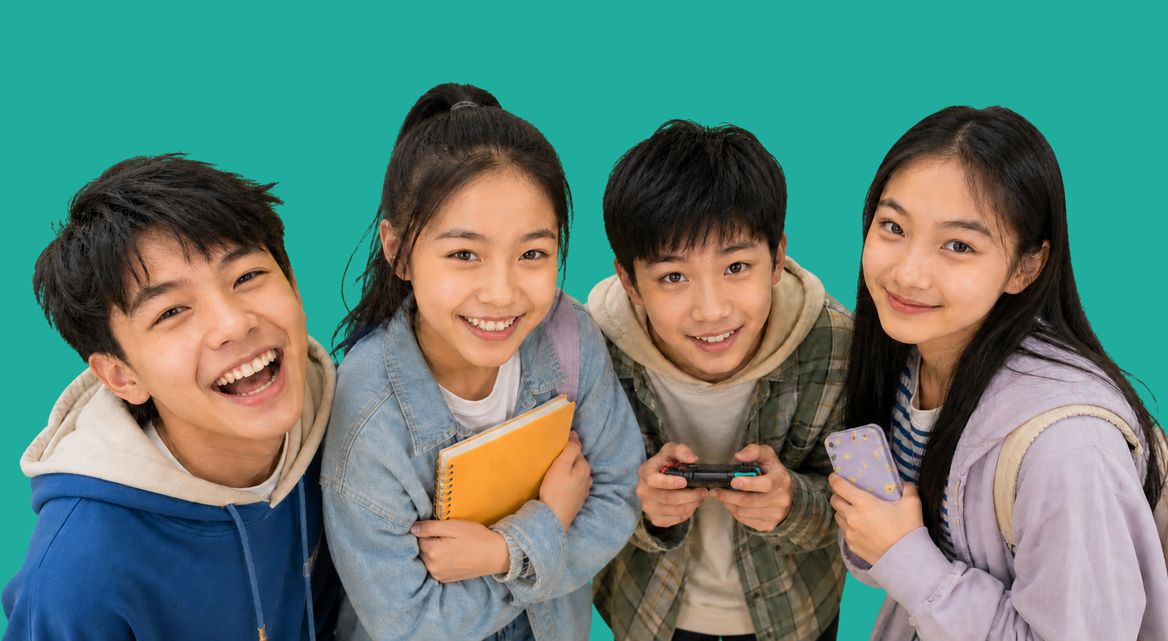 四位开心的中学生，分别拿着笔记本、游戏机和手机