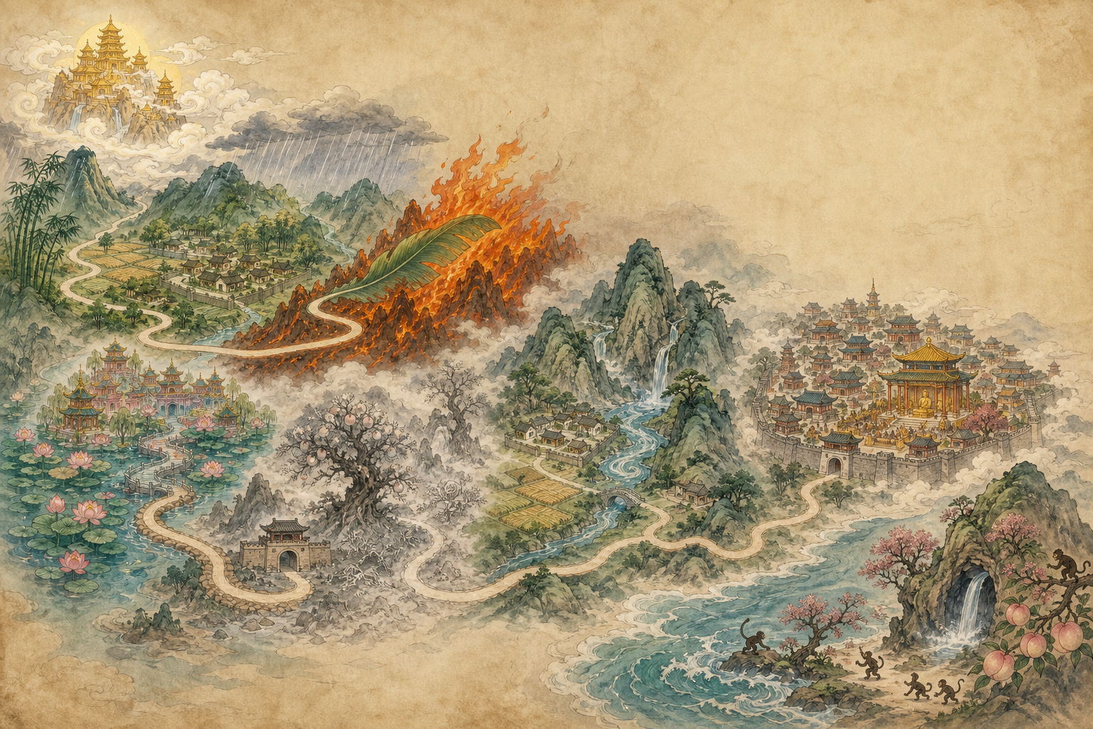 从花果山到灵山、按八站情节绘制的古风神话取经路线背景地图
